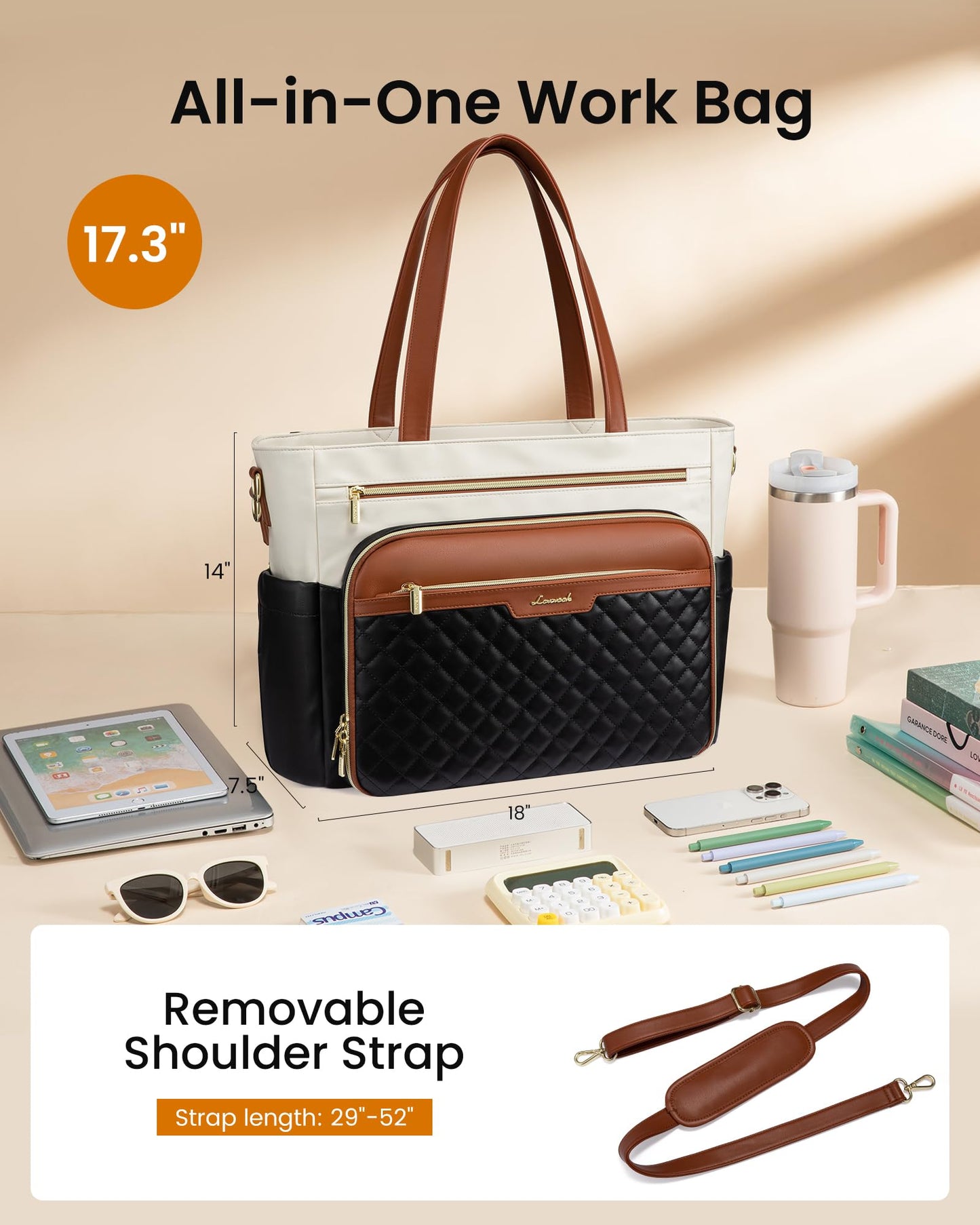 LOVEVOOK Teacher Tote Bag with Accordion File Pocket, Soft PU Leather Work Briefcase Quilted Laptop Bag with Large Cup Holder