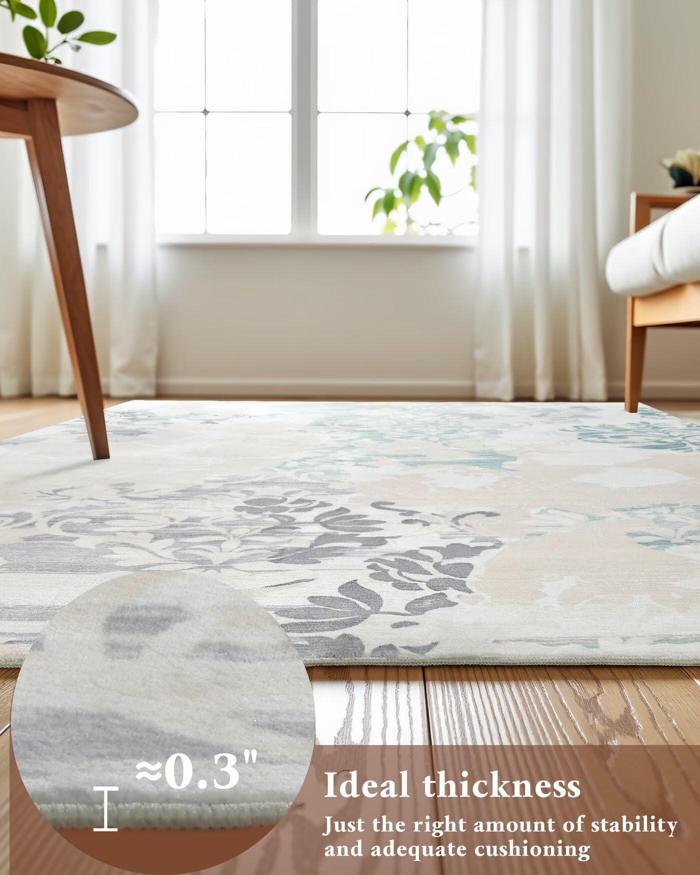 Macgace Washable Abstract Rug, 5x7 Ivory and Aqua Floral Area Rugs with Non-Slip Rubber Backed for Bedroom, Low Pile Modern Throw Carpet Kitchen Living Room Decor