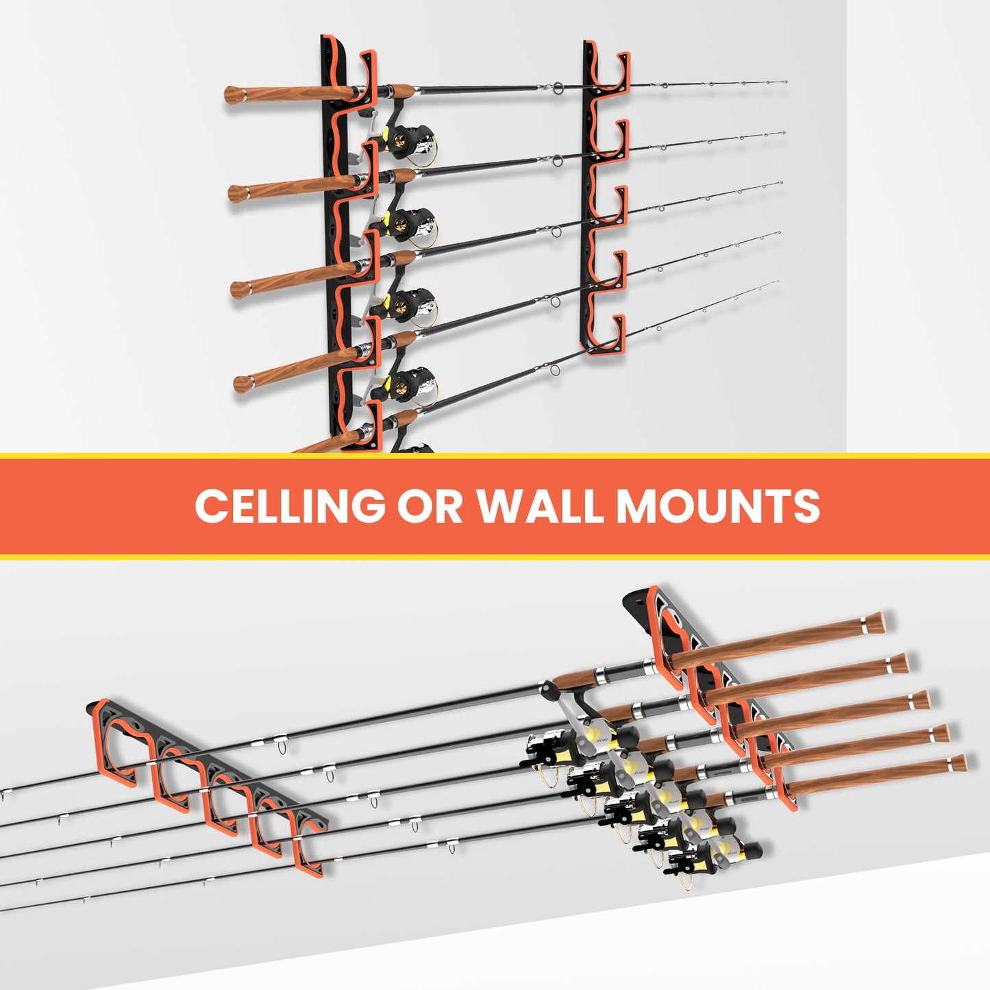 Gocozer Fishing Rod Holder for Garage, H5 Wall or Ceiling Mounted Fishing Pole Holders with Soft Protective Pad, Fishing Rod Storage Organizer, Horizontal Fishing Rod Wall Mount Nets Storage (8 PACK)