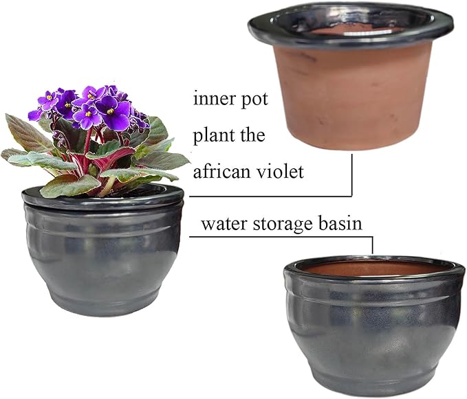 African Violet Pots Self Watering Round Ceramic Violet Pot (Gray, 6 inch)