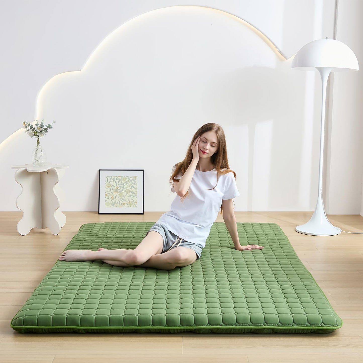 Zelladorra Japanese Floor Mattress Twin, Anti-Slip Japanese Futon Roll Up Tatami Mat for Guests, Green