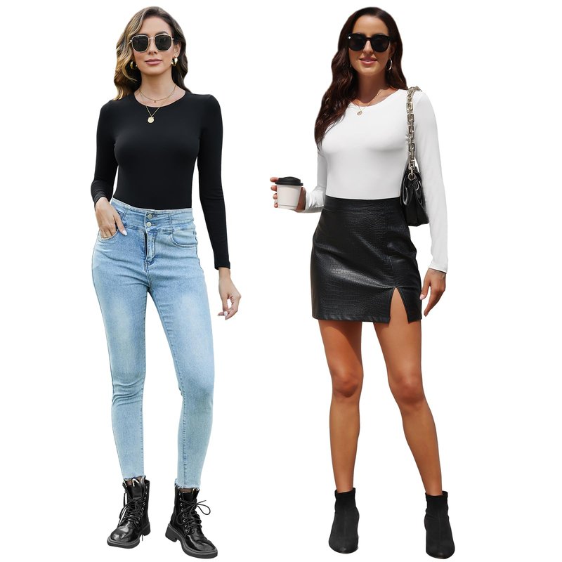 BALENNZ Bodysuits for Women Long Sleeve Round Neck Womens Body Suits Tops Long Sleeve Bodysuit Tops for Women Fall Body Suit Pack 5DS