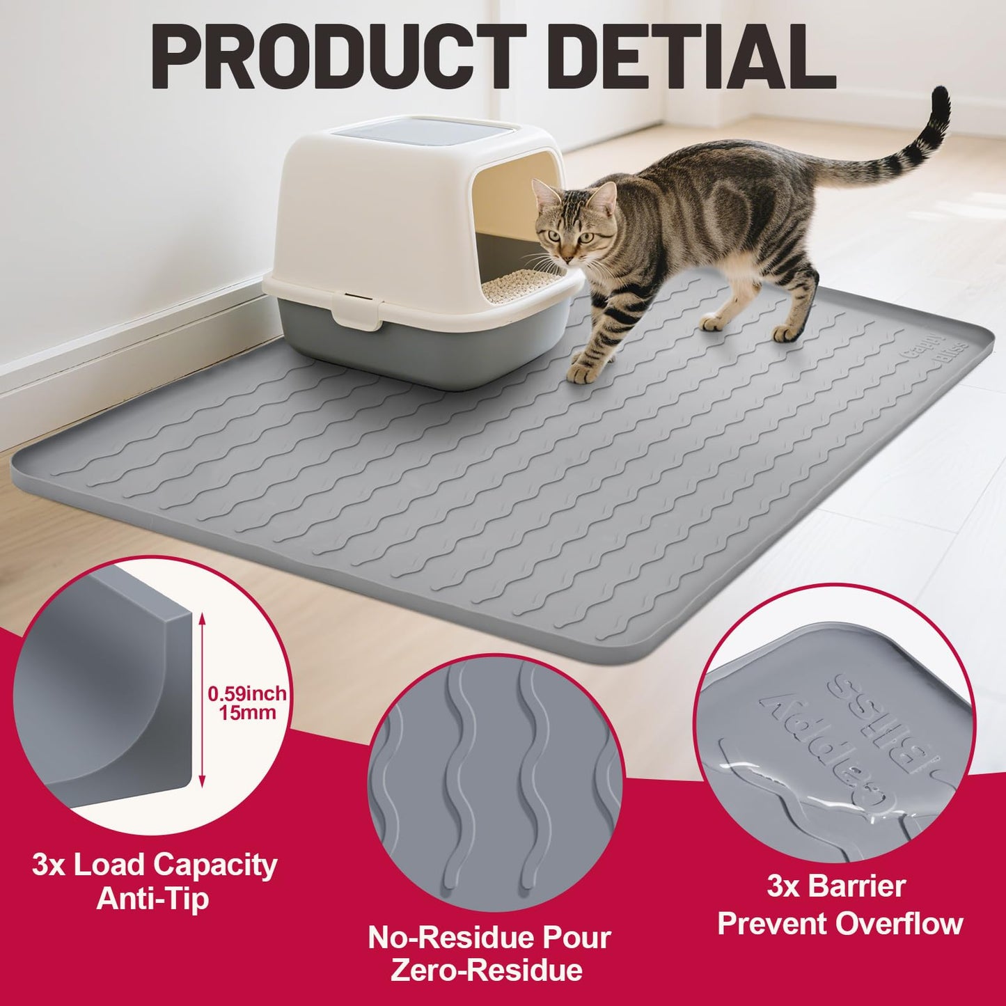 CappyBliss Large Silicone Cat Mat for Litter Box, 34"x22" Waterproof & Urine-Proof Pad with Litter-Trapping Waves, Non-Slip, Easy Clean & Paw-Safe (Gray)