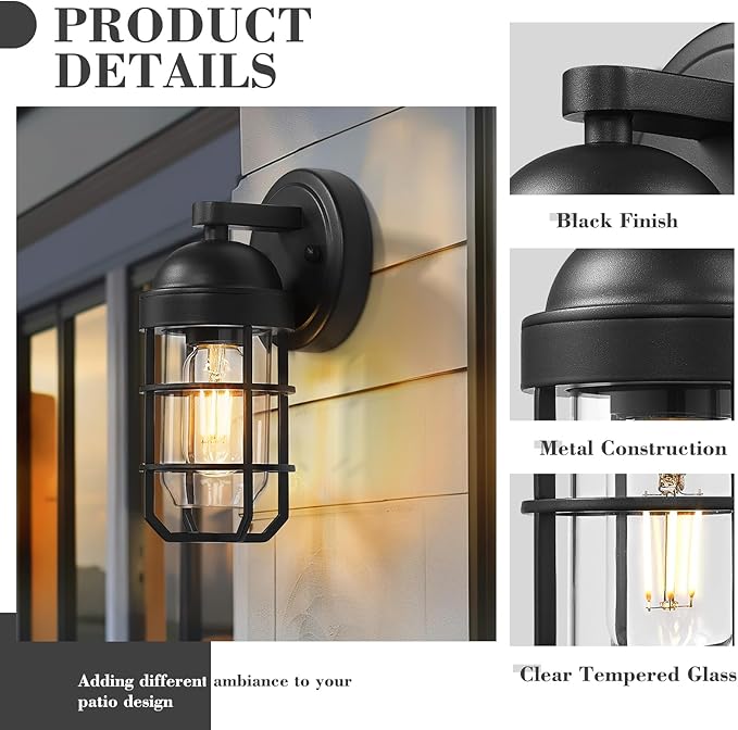 Emliviar Modern Outdoor Wall Light for House Porches, Solid Classic Metal Cage, Retro Charm Exterior Wall Light, Clear Tempered Glass, Black Finish, GE255B BK