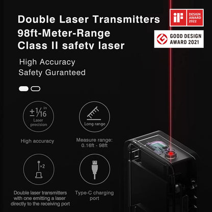 HOTO Laser Measuring Tool, Gifts for Men, Pocket-Size 98Ft Laser Tape Measure ±2mm Accuracy, USB-C Rechargeable, OLED Display, Ft/M/in Unit, Real-Time Data Sync, EDC Gadget Birthday Gifts for Men Dad
