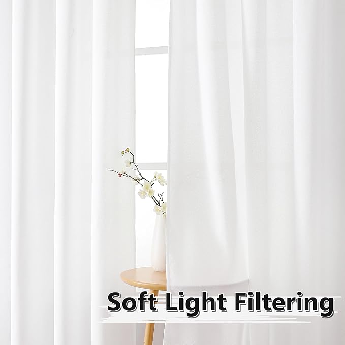Tollpiz Short Linen Curtains Bedroom Rod Pocket Semi Sheer Curtain Burlap Light Filtering Thick Linen Drapes for Living Room, 38 x 45 inches Long, White, Set of 2 Panels