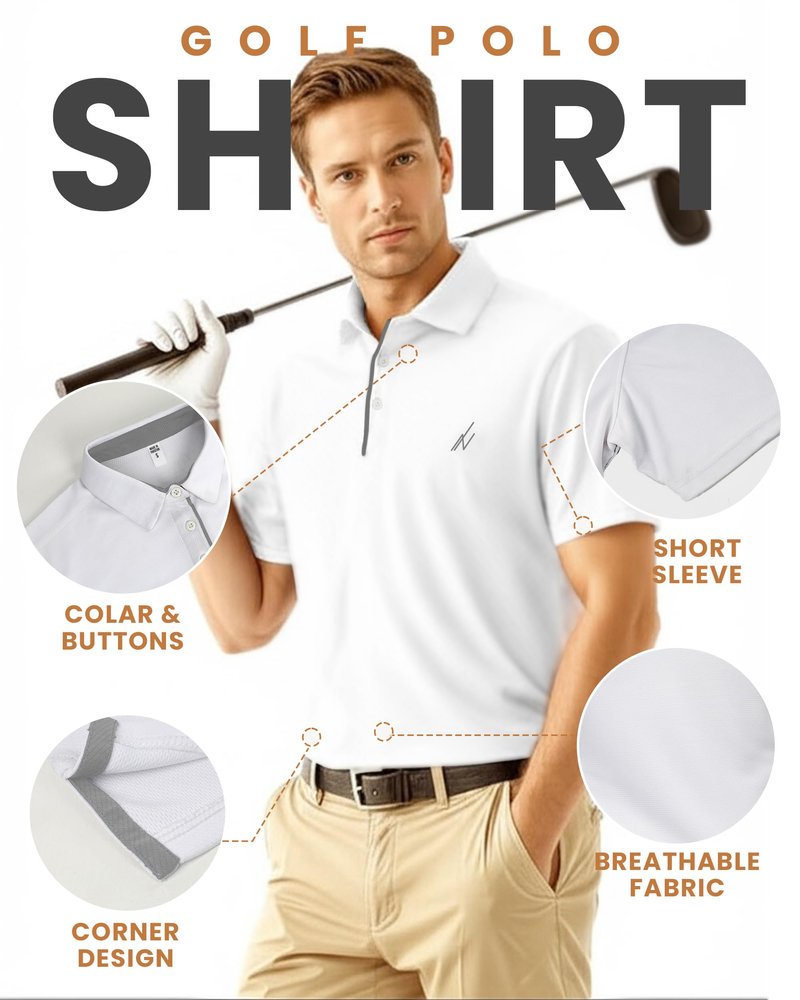 NY Threads Men's Golf Polo Shirt UPF 70+ Regular Fit Moisture Wicking Quick Dry Performance Short Sleeves Polo, Large, White