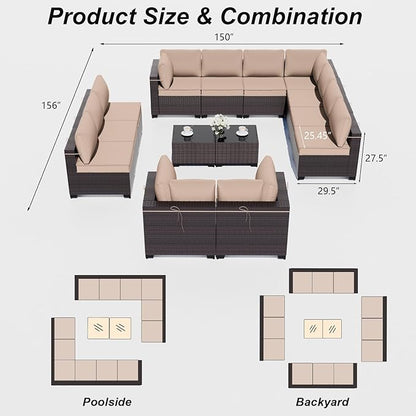 ALAULM 14 Pieces Outdoor Patio Furniture Set Sectional Sofa Sets Brown PE Rattan Patio Conversation Set w/12 Khaki Seat Cushions and 2 Coffee Tables