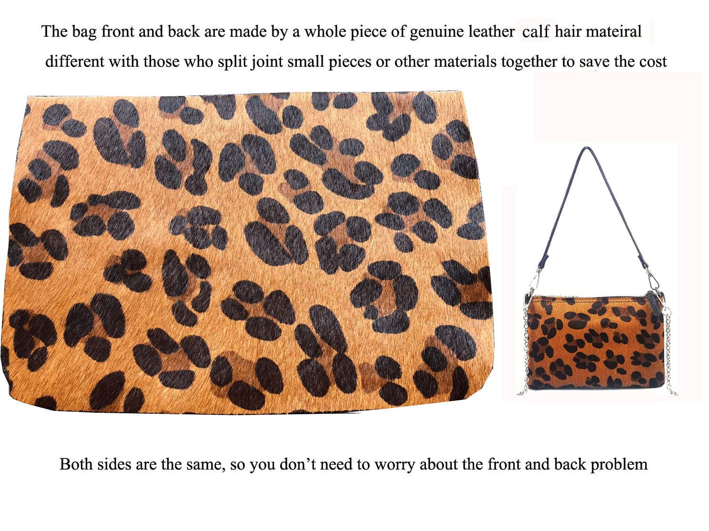 Leopard Print Purse [ Calf Hair on Hide Leather] Fur Clutch [Luxury Exclusive] Wild Animal Pattern Vintage [Small] Evening Bag Winter Envelope Chain Underarm