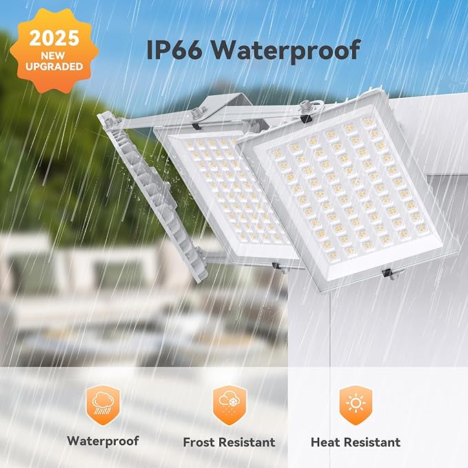 450W 2 Pack 2025 Plus New Upgraded LED Flood Light Outdoor, 45000LM Super Bright Stadium Lights, 6000K Daylight White, IP66 Waterproof, 3 Heads Adjustable Floodlights for Yard, Arena, Garden