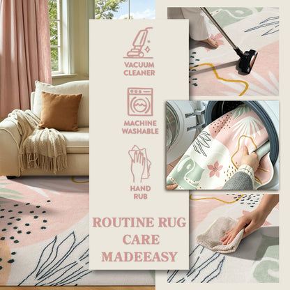Lahome Pink Boho Nursery Rug 4x6, Washable Non Slip Soft Botanical Area Rug for Girls Bedroom Kids Room Playroom Dorm Apartment Decor