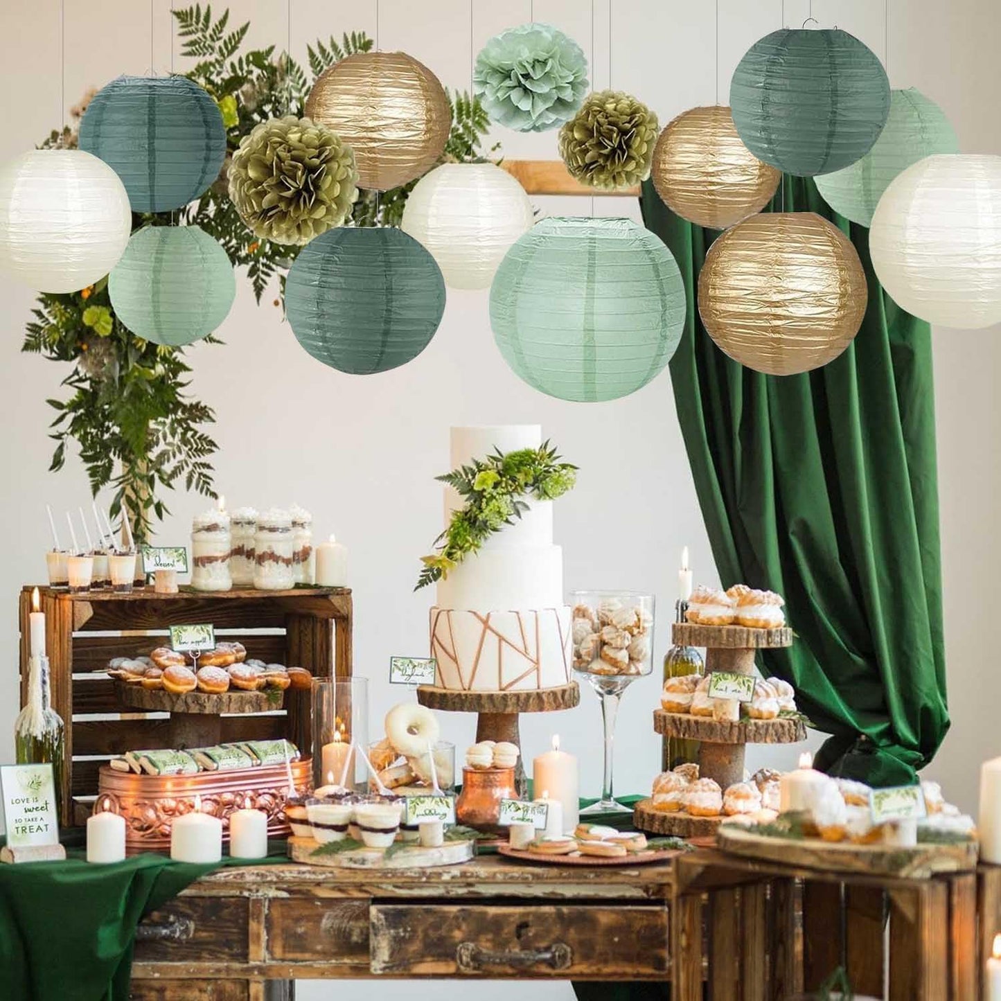 KUNYYI Green White Gold Paper Lanterns, 12Pcs Chiese Lanterns for Birthday Baby Shower Gender Reveal Wedding Party Decoration