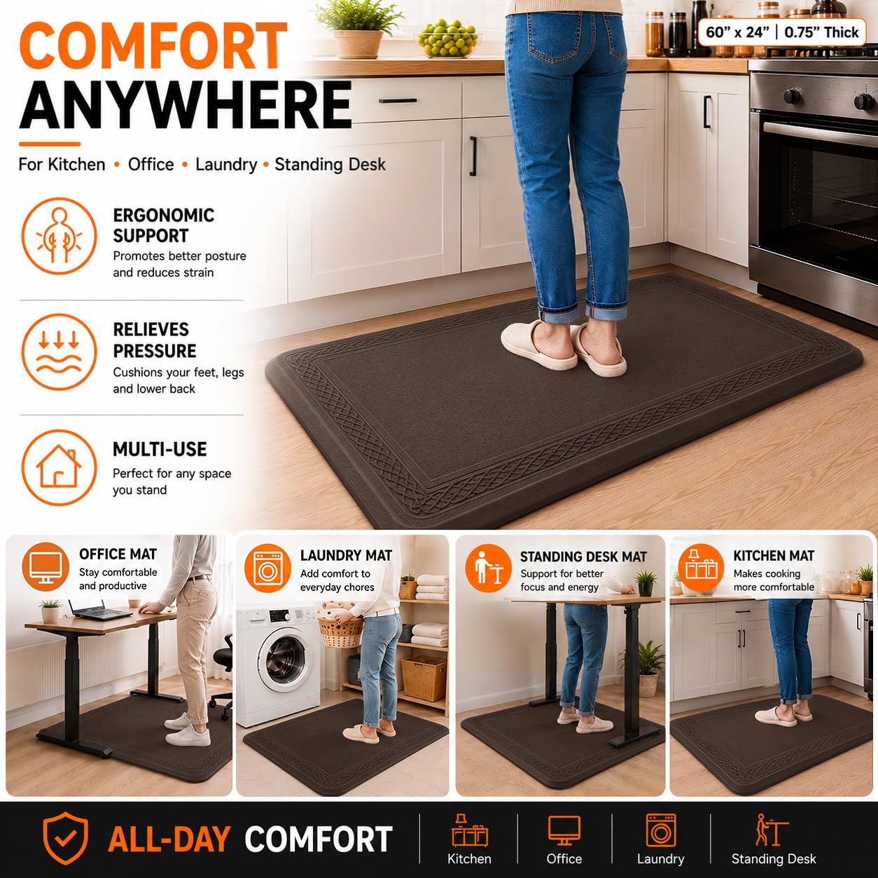 24 x 60 Inch Extra Support Anti Fatigue Comfort Kitchen Mat, Waterproof Long Kitchen Runner, Non-Slip Standing Desk Mat, Commercial Pads for Offices, Home, Garages (Bordeaux Coffee, 24'' x 60'')