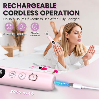 Electric Nail Drill, Cordless 2000 mAh Rechargeable Portable Nail File 12 in 1 Kit for Thick Toenails, 10 Speeds Nail Dril Machine Professional Manicure Pedicure for Hand Natural Nails Care (White)