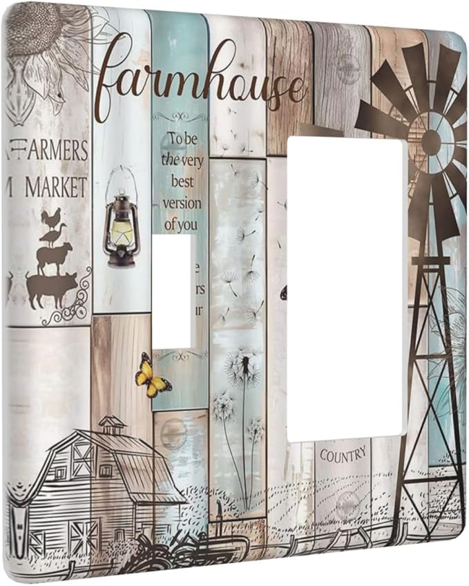 Rustic Western Farmhouse Windmill 2 Gang Light Switch Covers Vintage Barn Wooden Plank Inspirational Quote Single Toggle Rocker Combo Wall Plate Electrical Faceplate Decorative Switchplate