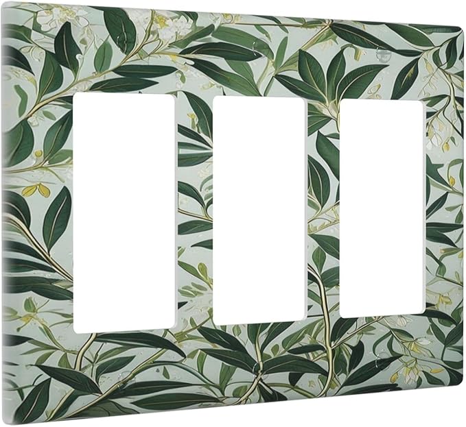 Sage Eucalyptus Leaves Foliage 3 Gang Rocker Triple Outlet Wall Plate Decorative Switchplate Cover Faceplate GFCI Light Switch Covers for Farmhouse Living Decor