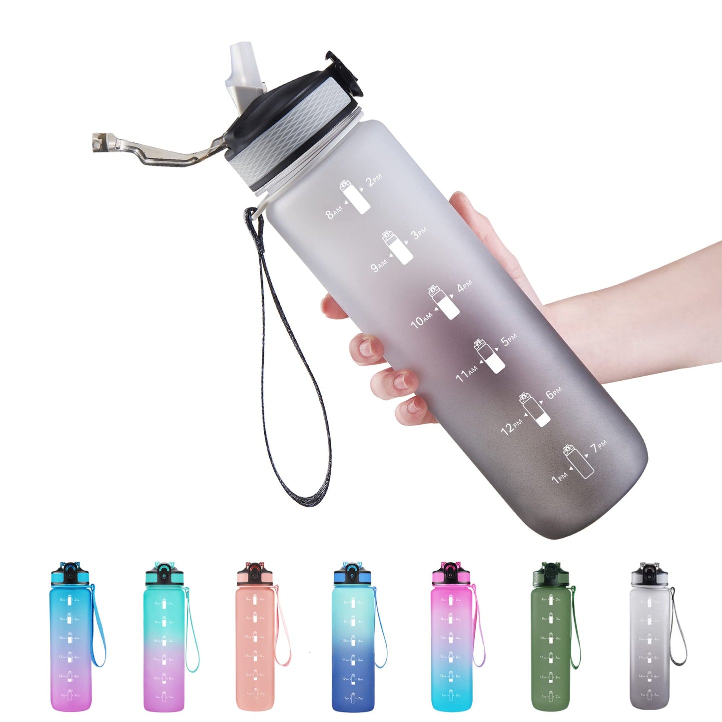 32 oz Water Bottle with Time Marker, Carry Strap, Leak-Proof Tritan BPA-Free, Ensure You Drink Enough Water for Fitness, Gym, Camping, Outdoor Sports (Black/Gray Gradient)