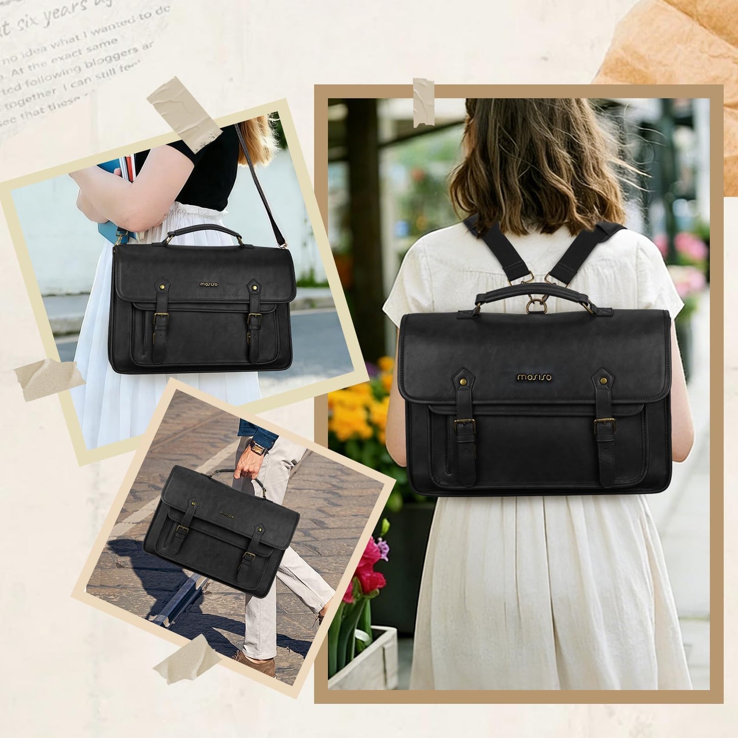MOSISO 3 in 1 Laptop Bag, 15.6 inch PU Leather Shoulder Bag Briefcase Messenger Satchel Laptop Backpack, 15-16 inch Computer Bags Handbag Bookbag, Black