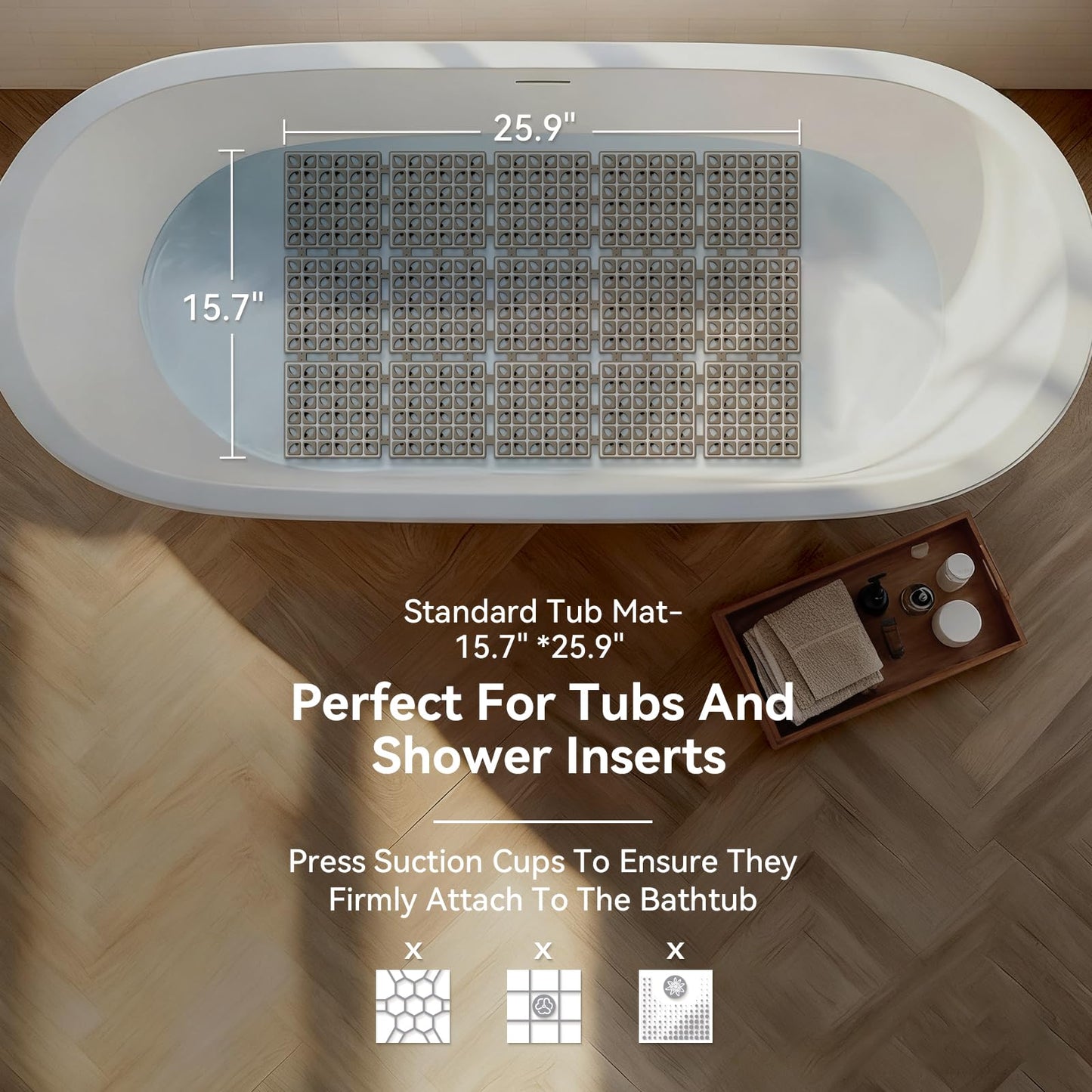 Shower Mat, Bathtub Mat Non Slip 16"x 26" Soft TPE Bath Mat for Kids, Machine Washable Inside Bathroom Shower Mat Bath Mat with Drain Holes & Strong Suction Cups, Soft on Feet (Browm)