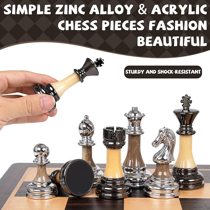 Luxury Large Metal &amp Acrylic Chess Set with Wooden Chess Board (17”) – Weighted Chess Pieces with 3.5” King Foldable Tournament Chess Set for Adults &amp Kids Professional Chess Game Set