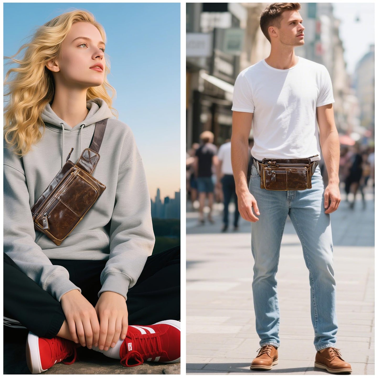 Genuine Leather Fanny Pack Crossbody sling bags zipper Waist Purse Oilcoffee