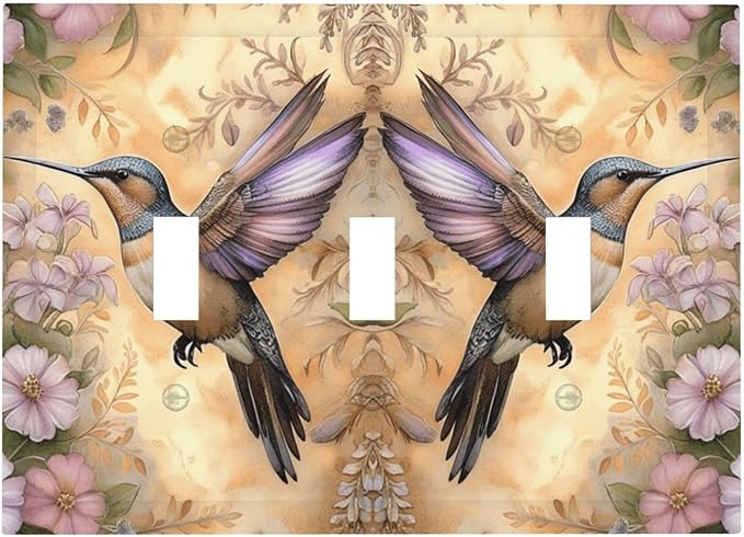 Decorative Art Light Switch Covers Blossom & Hummingbird 3 Gang Triple Toggle Wall Plate Decorative Switch plate Electrical Faceplate for Home Decor