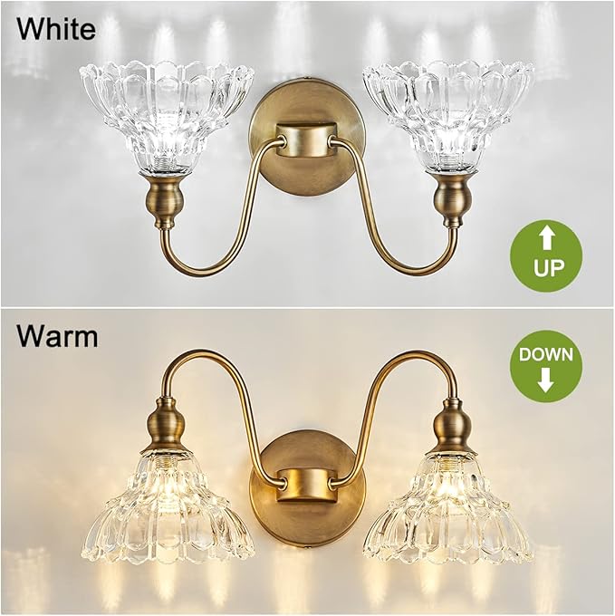 Antique 2-Light Wall Sconce Modern BathroomVanity Light Gold Wall Light Made of Metal Body and Pressed Patterned Glass Retro Vanity Light for Bedroom, Bathroom, Doorway, Foyer, Hallway