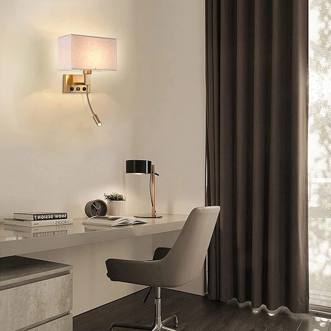 Bedroom Wall Sconces, Hardwired Wall Lamp with USB and Reading Lamp Fabric Shade Bedside Wall Lights with Reading Lamp for Bedroom Living Room Hotels Corridors (Brass)