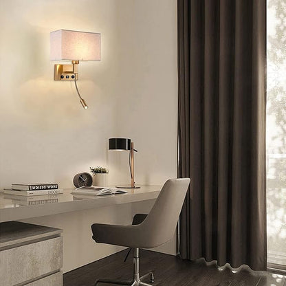 Bedroom Wall Sconces, Hardwired Wall Lamp with USB and Reading Lamp Fabric Shade Bedside Wall Lights with Reading Lamp for Bedroom Living Room Hotels Corridors (Brass)