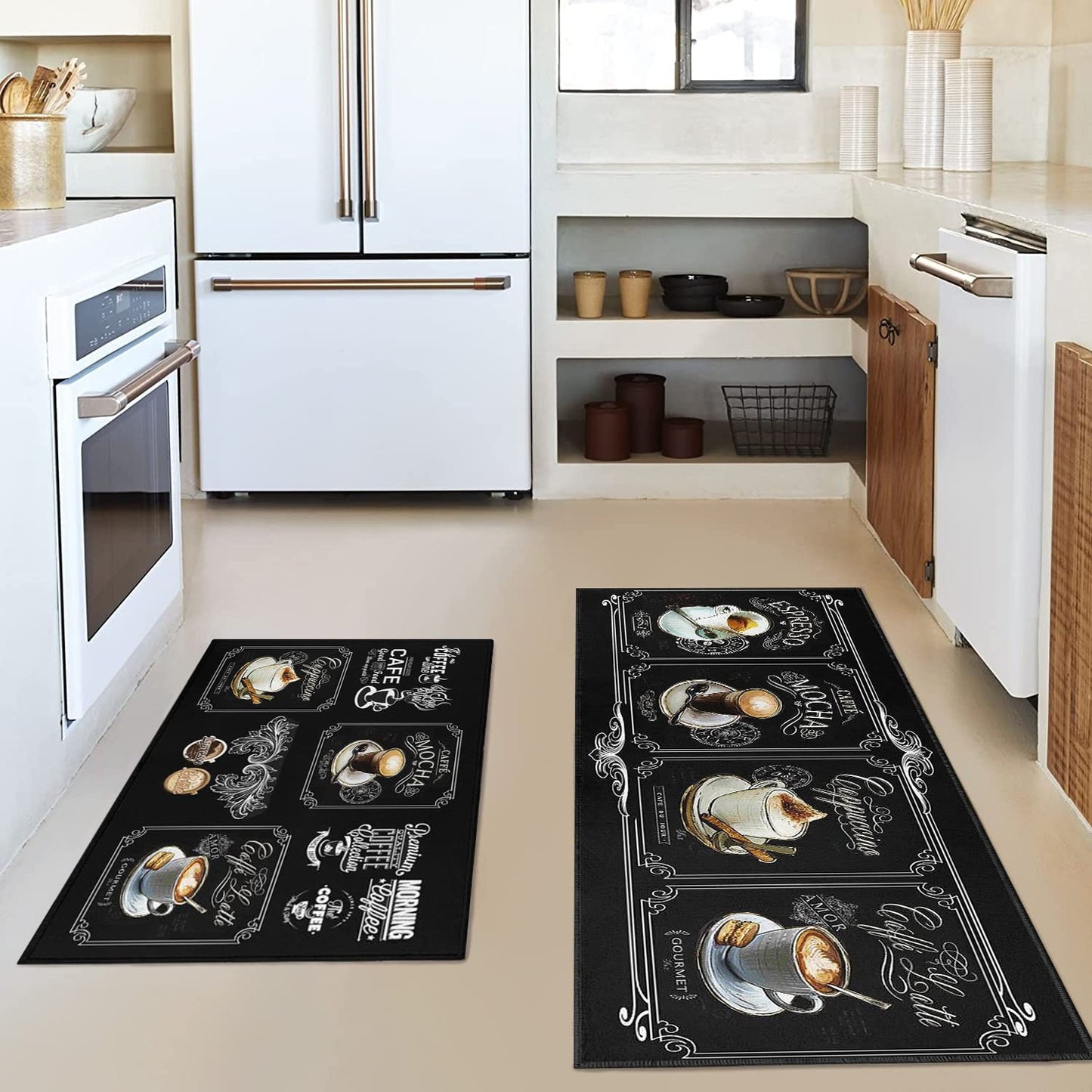 Faptoena Black Coffee Kitchen Rugs and Mats Set of 2 Coffee Cup Latte Mocha Art Decoration Non Slip Super Absorbent Kitchen Sink Mats Waterproof and Washable Runner Rugs for Laundry Room