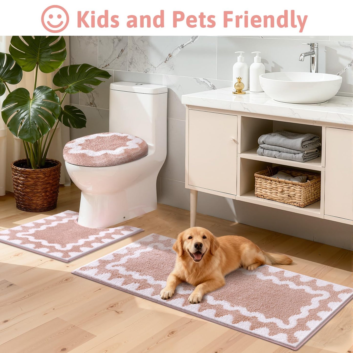 Findosom Scalloped Bathroom Rugs Sets 3 Piece, Absorbent Soft Non-Slip Washable Microfiber Shaggy Bath Mat Set with Bathroom Runner Rug, U-Shaped Toilet Rugs, Shower Rug, Pink-White