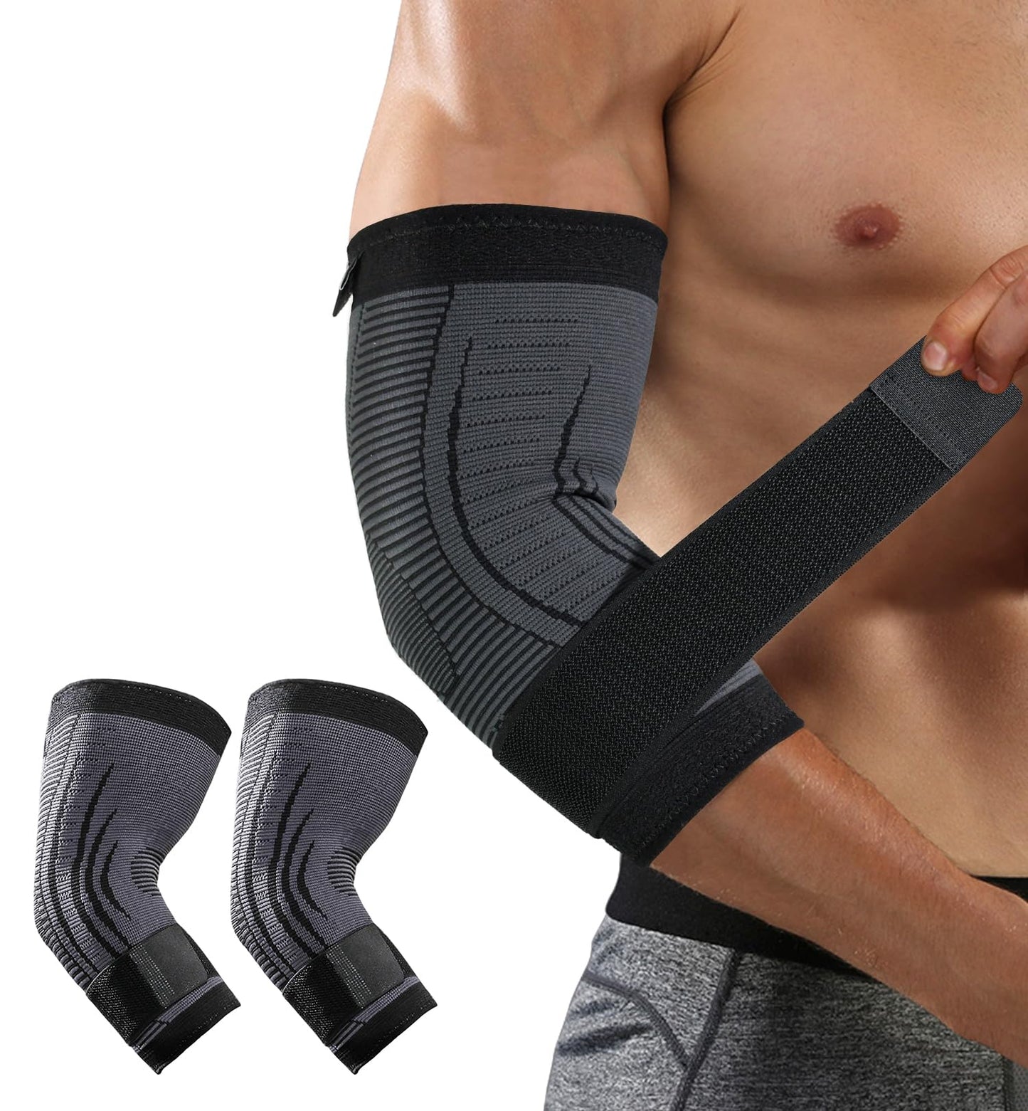 HiRui 2 PACK Elbow Brace for Men Women, Elbow Compression Sleeves With Adjustable Straps, Tennis Elbow Golfer Elbow Treatment Arm Support for Workout Weightlifting Tendonitis Pain Relief (Black, Medium)