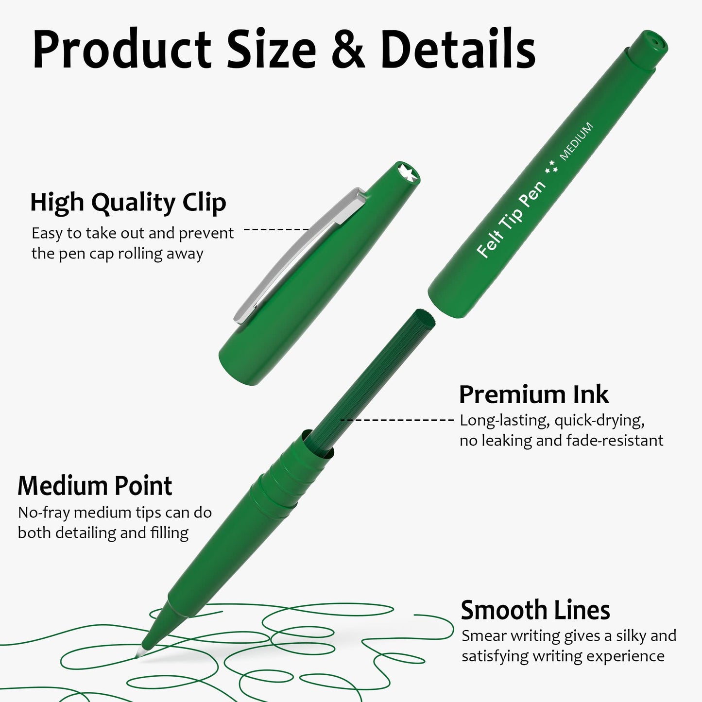 Lelix Felt Tip Pens, 60 Green Pack, 0.7mm Medium Point, Felt Tip Markers Pens for Journaling, Writing, Note Taking, Planner, Perfect for School Office and Art Supplies