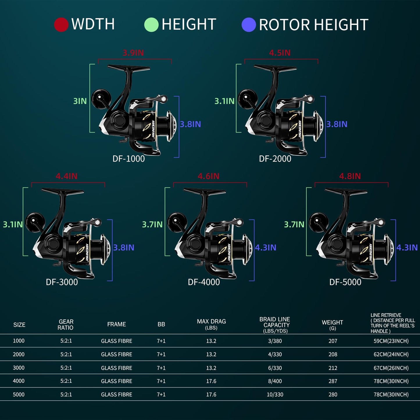 Ashconfish DF Series Spinning Reel Saltwater & Freshwater Fishing Reel, Lightweight Nylon/Fiberglass Frame, 7+1BB, 5.2:1 Gear Ratio,Long-Distance Casting DF (Deep Spool Line Cup(DF), 5000)