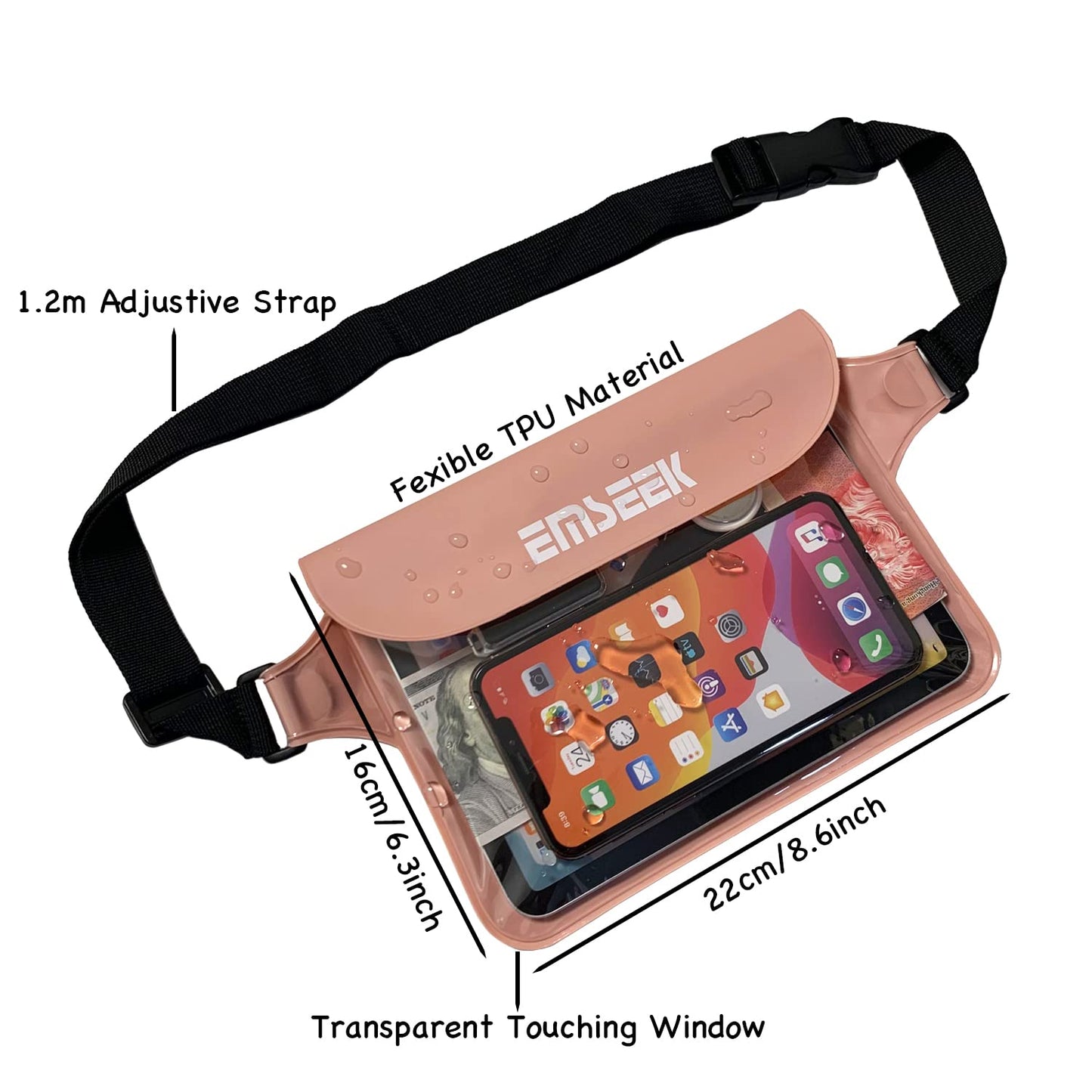 EMSEEK Waterproof Waist Pouch Dry Belt Bag Fanny Pack Keep Your Key Fob Wallet Kindle Phone Dry Perfect For Swim Surf Snorkel(Pink)