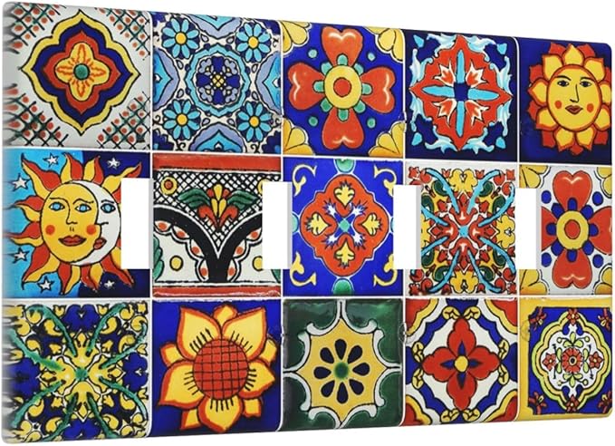 Traditional Colorful Talavera Mexican Spanish Moroccan Tiles Quad Gang Toggle Light Switch Cover 4-Gang Wall Plates Decorative Electrical Switchplate for Home Bedroom Art Decorate