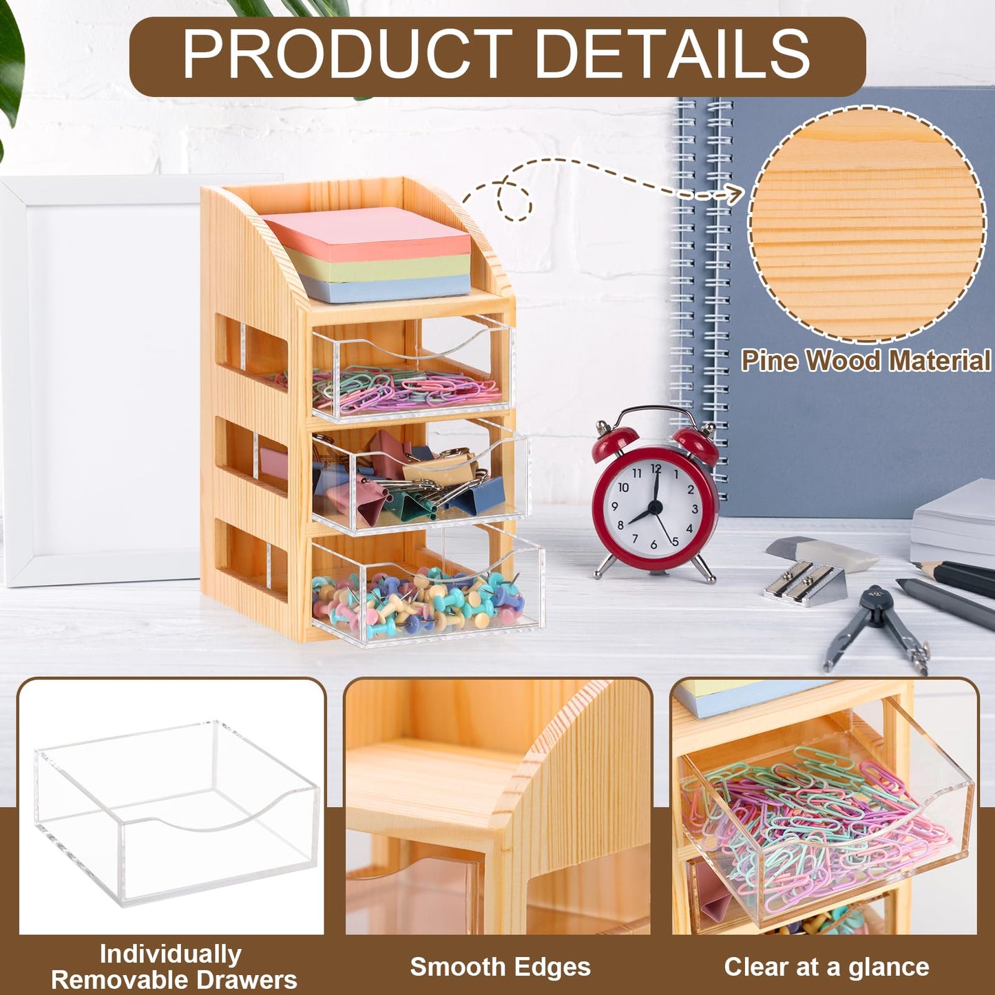 3 Drawer Desktop Accessory Storage Drawers Clear Desktop Organizer with Drawers Small Desk Organizer with Drawer Paper Clip and Binder Holder Wood Acrylic Sticky Note Holder 4.53"L x 4.1"W x 7.7"H