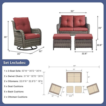 Rilyson Wicker Patio Furniture Set - 5 Piece Rattan Outdoor Sectional Conversation Sets with 2 Rocking Swivel Chairs,2 Ottomans and 1 Loveseat for Porch Deck Garden(Mixed Grey/Red)