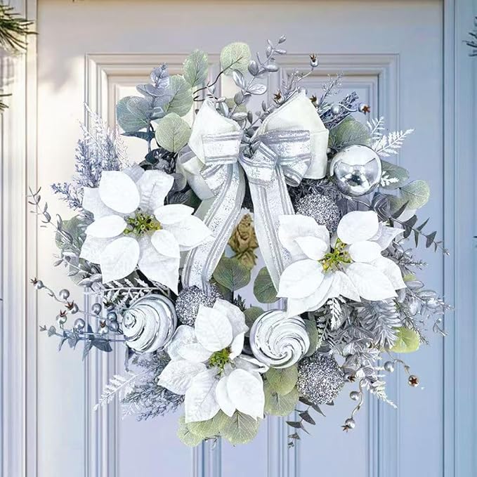 22 inch Christmas Wreath for Front Door, Lifelike Artificial Silver White Christmas Wreath, Green Fake Wreath Used for Wall, Window, Porch, Farmhouse, Indoor and Outdoor Home Decoration