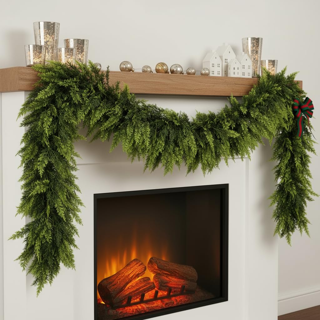 6 FT Christmas Cedar Garland, Real Touch Soft & Thickness Greenery Pine Garland for Mantle Table Fireplace Outdoor Indoor Christmas Decorcorations