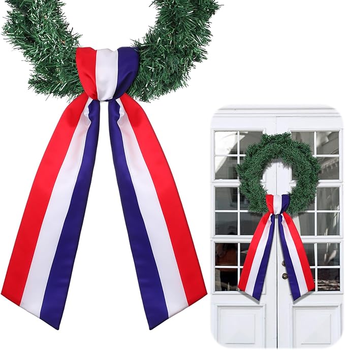 Wreath Sash for Front Door Wreath Satin Sash Blank Sashes Embroidery Monogram Yard Doorway Indoor Outdoor Wall Ribbon Bow Home Decor (Red,White,Blue,Independence Day)