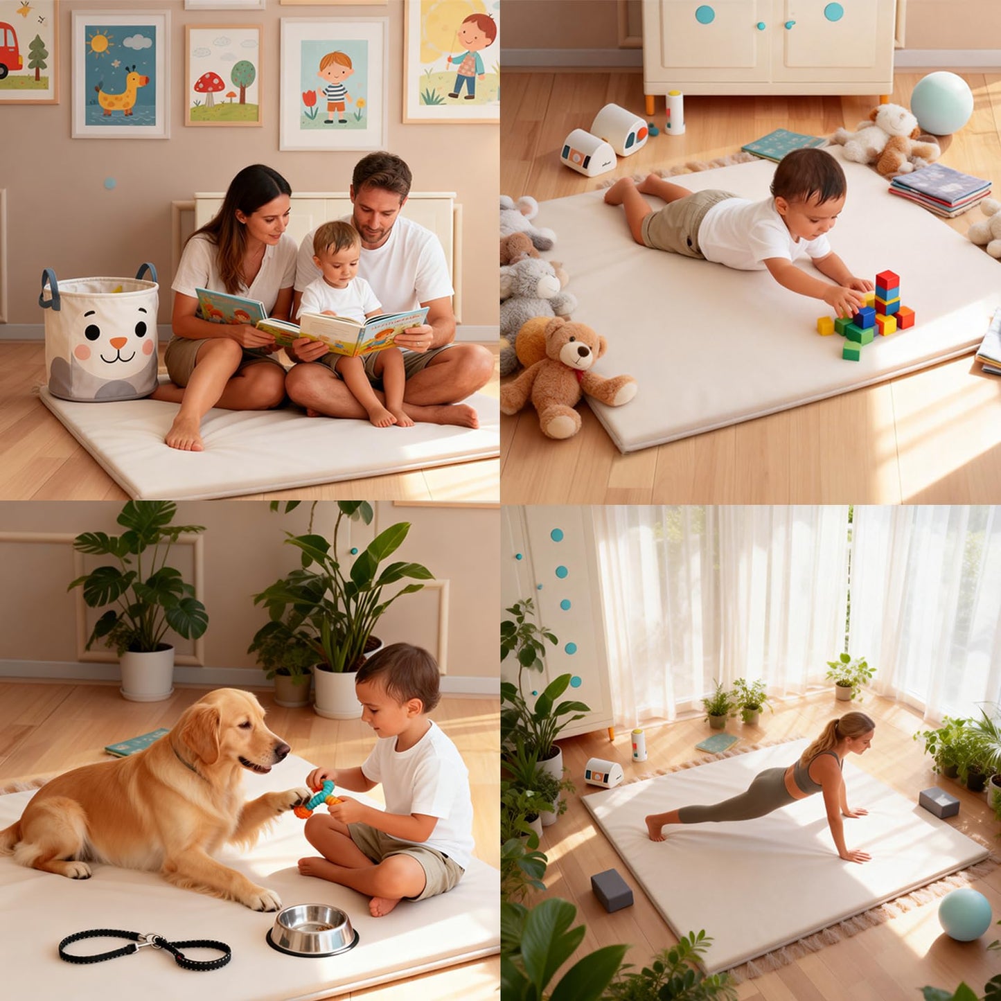 FONESO Leather Baby Play Mat, 50x50 Inch Thicken Memory Foam Cushioned Waterproof Playpen Mat, Wipeable Soft Crawling Tummy Time Floor Rug for Infants Toddlers Kids (Beige)