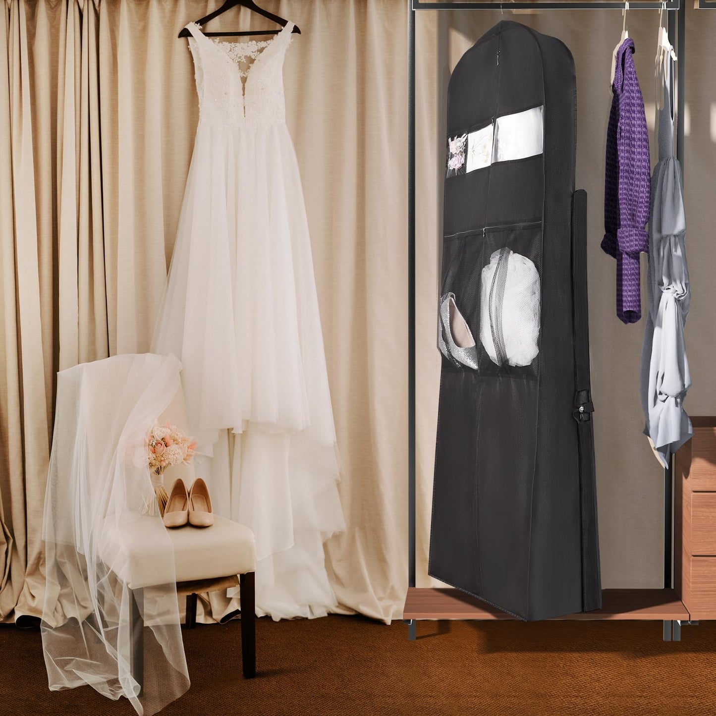 Univivi Wedding Dress Travel Bag for Airplane, Extra Long Wedding Gown Garment Bag with Accessory Pockets, 72 Inch Trifold Heavy Duty Dress Bags for Gowns for Travel and Closet Storage (Black)