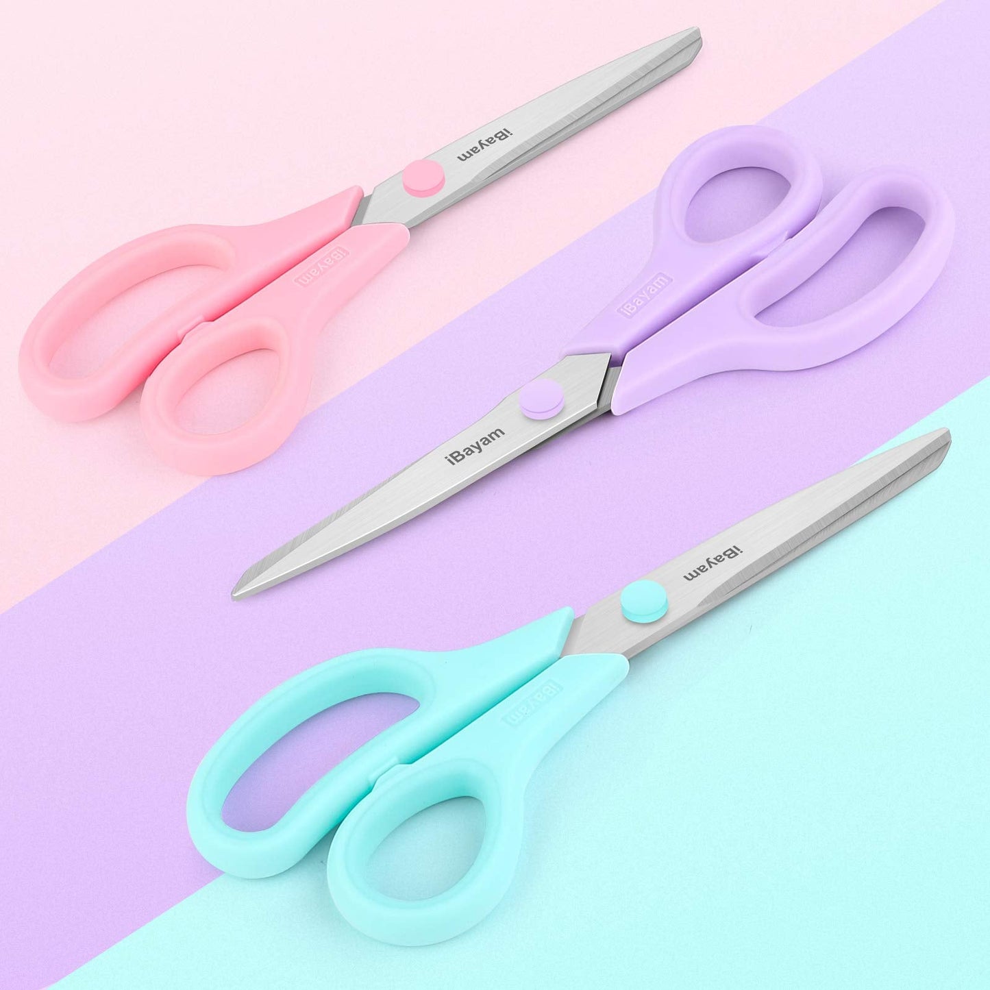 Scissors, iBayam 8" All Purpose Scissors Bulk 3-Pack, Ultra Sharp 2.5mm Thick Blade Shears Comfort-Grip for Aesthetic Fun Cute School Office Teacher Desk Crafts and Art Supplies Accessories Essential