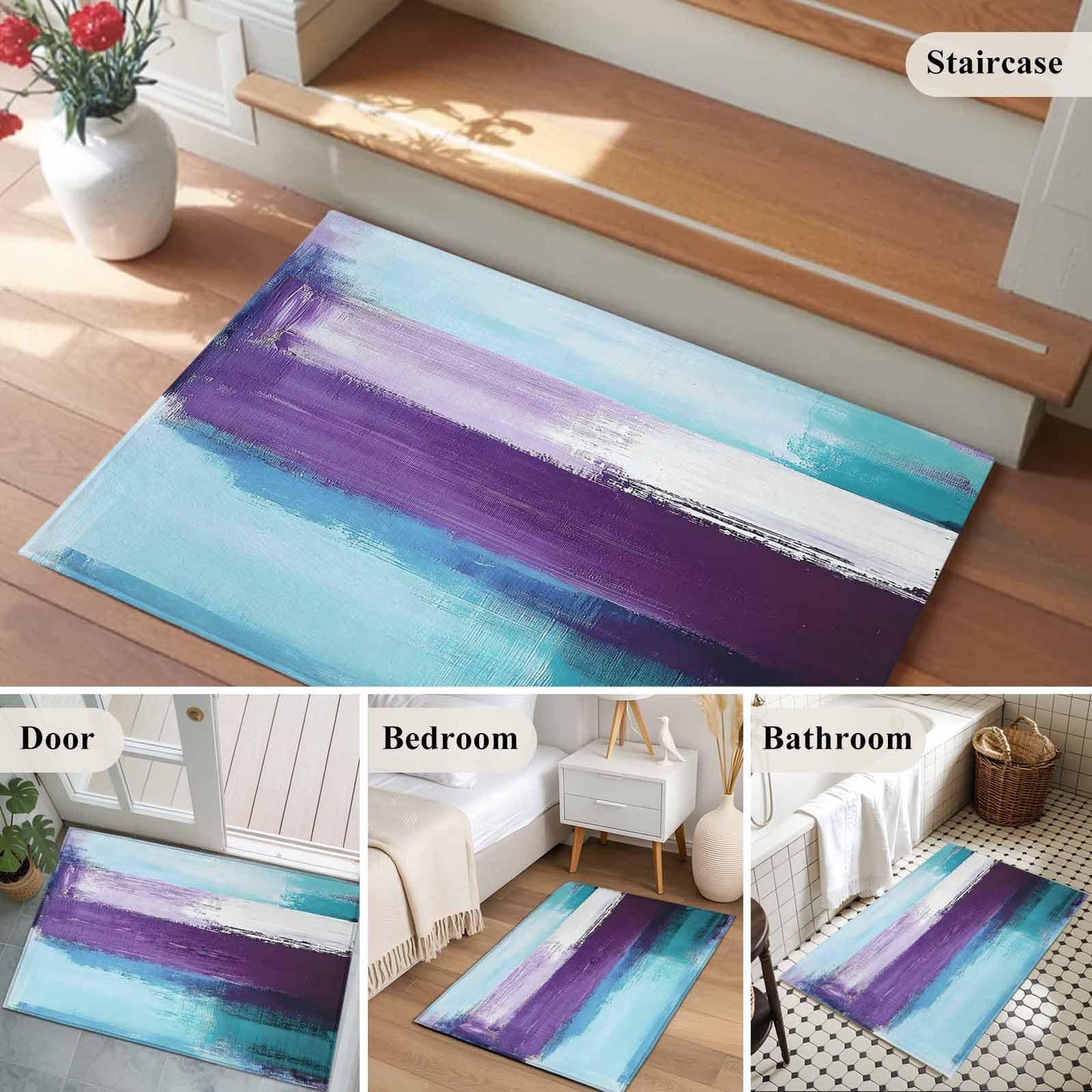 Purple Teal Ombre 2x3 Area Rugs for Living Room, Abstract Modern Oil Painting Gradient Non Slip Runner Rug Washable Rug, Low Pile Indoor Floor Carpet Mat Bathroom Rugs for Bedroom, Kids Room