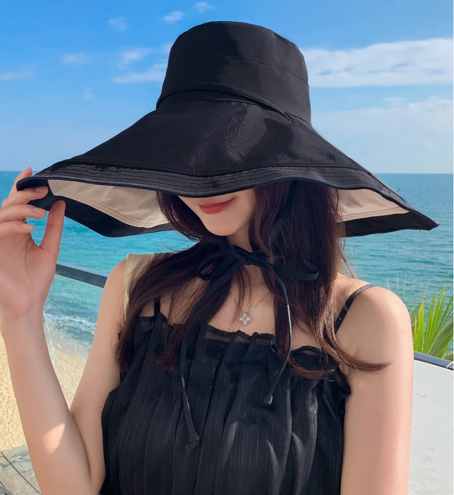 HUAMULAN 7" Wide Brim Women Summer Sun Floppy Hat Beach Bucket Fishing Hats Reversible Foldable Travel UV Protection Blackbeige