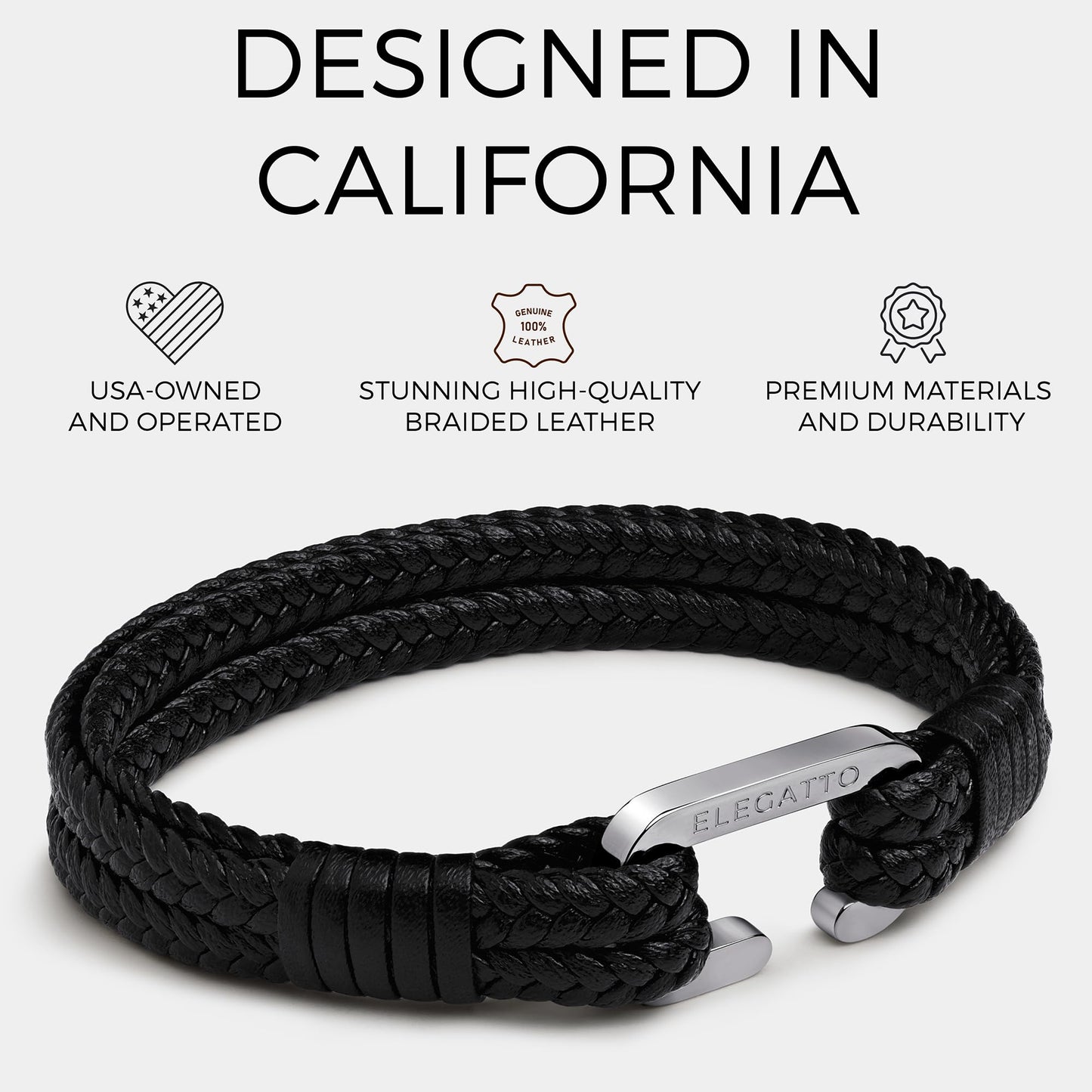 Elegatto Meraki Premium Double Braided Leather Bracelet for Men | Full-Grain Leather with Silver Polished Stainless Steel C-Clasp | Men’s Designer Bracelets