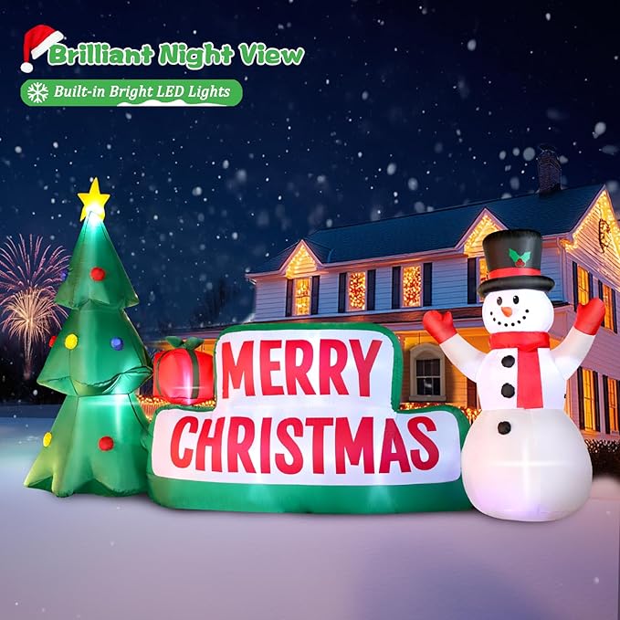 FunFanso 10 FT Long Christmas Inflatable Merry Christmas Sign Outdoor Decorations, Blow up Xmas Sign with Christmas Tree and Snowman, Built-in LED Lights for Yard Lawn Garden Holiday Party Home Porch