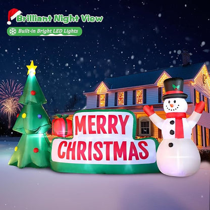 FunFanso 10 FT Long Christmas Inflatable Merry Christmas Sign Outdoor Decorations, Blow up Xmas Sign with Christmas Tree and Snowman, Built-in LED Lights for Yard Lawn Garden Holiday Party Home Porch
