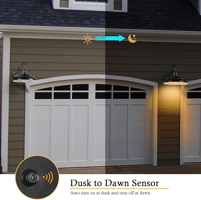 Dusk to Dawn Gooseneck Barn Light Outdoor, 16 Inch Farmhouse Wall Sconce, Vintage Exterior Wall Mount Lighting Fixture, Waterproof Black Lantern for Porch Garage